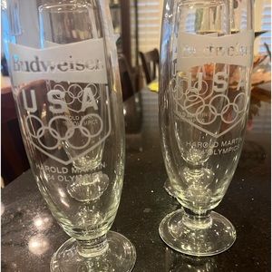 Budweiser Footed Stem Beer Glass 1984 Olympics Los Angeles Cup 7.5 “ Set of Four